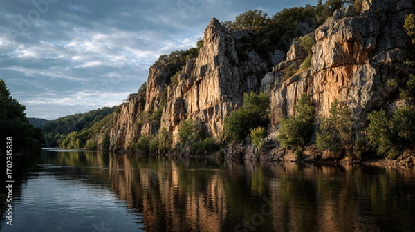 Fototapeta Calm river reflecting rocky cliffs with trees under a cloudy sky in a scenic landscape view