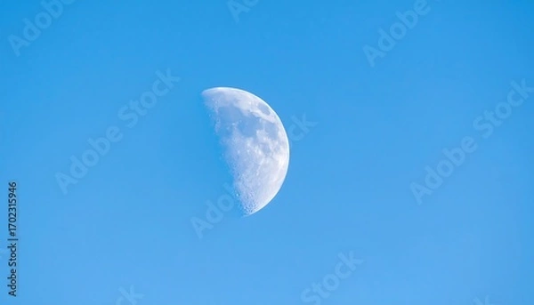 Fototapeta A detailed shot of the waxing crescent moon against a bright, cloudless, and vibrant blue daytime sky