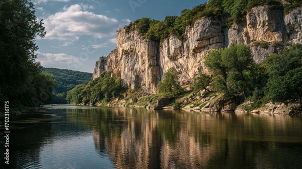Fototapeta A scenic view of a river flowing between rocky cliffs and lush green trees under a cloudy sky
