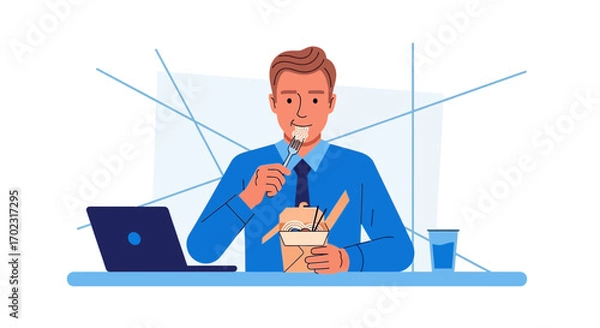 Obraz Office Worker Enjoying Noodles While Briefly Paused From Work With His Laptop