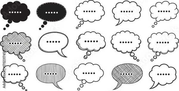 Fototapeta Collection of fifteen speech bubbles in various shapes and styles, some filled with texture, all containing placeholder text.