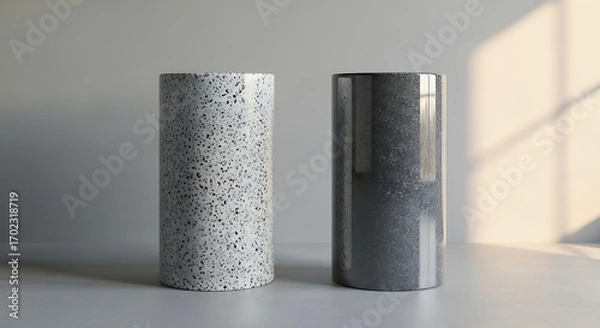 Fototapeta Minimalist Grey and Speckled White Ceramic Vases on White Surface in Natural Light