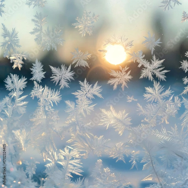 Fototapeta Frosty Snowflakes on a Window with Sunlight Glowing