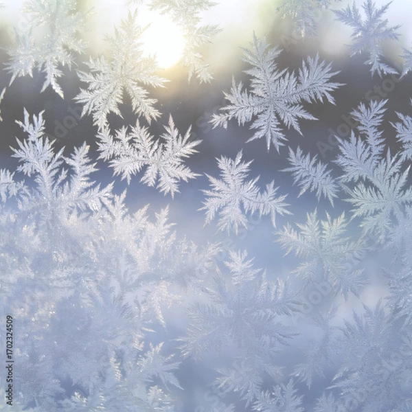 Fototapeta Frosted snowflakes cover a window creating intricate patterns