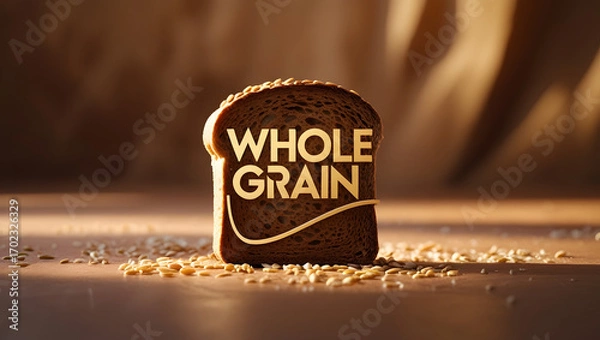 Fototapeta Cinematic Whole Grain Bread Slice with Artisan Texture & Golden Typography | Rustic Nutrition Focus