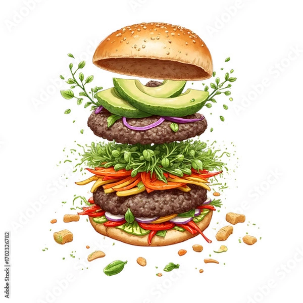 Fototapeta Exploded view gourmet veggie burger with avocado, black bean patties, fresh microgreens, and rainbow-colored vegetables, vibrant hand-drawn sketch-and-color food illustration on pure white background