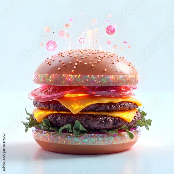Fototapeta Futuristic Sci-Fi Burger with Glowing Neon Buns, Metallic Cheese, and Holographic Toppings | Digital Art on White