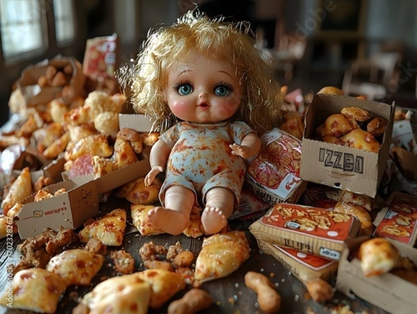 Fototapeta A vintage doll sits amidst a chaotic pile of pizza snacks and empty boxes symbolizing junk food excess and indulgence