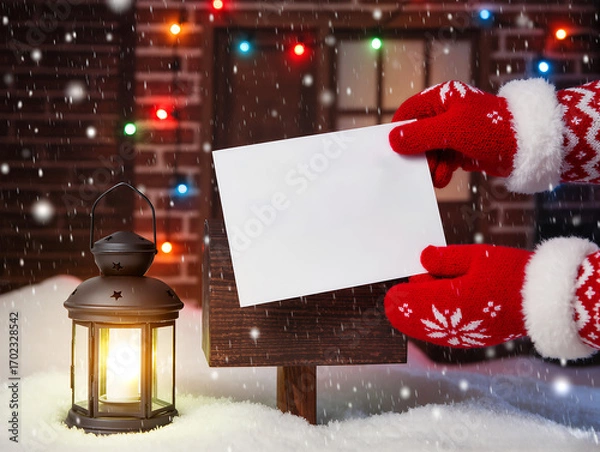 Fototapeta hands in red mittens holding a white sheet mockup against a festive Christmas atmosphere