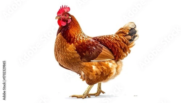 Fototapeta A detailed studio shot of a brown chicken, facing left against a bright white background. Feathers are prominent