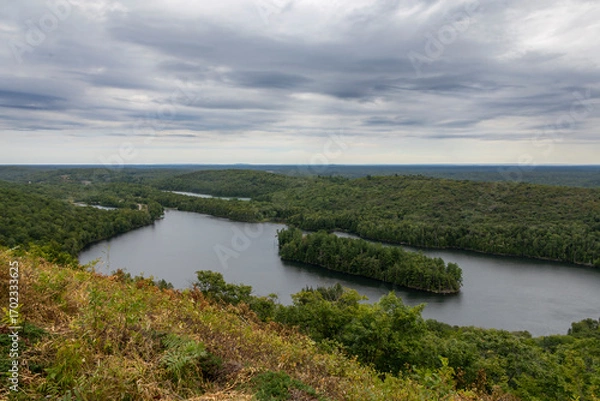 Obraz Panoramic view from Elliot Lake's fire tower, overlooking lush forests and the distant horizon under an overcast sky.