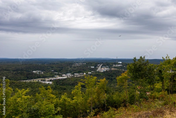 Obraz Panoramic view from Elliot Lake's fire tower, overlooking lush forests and the distant horizon under an overcast sky.