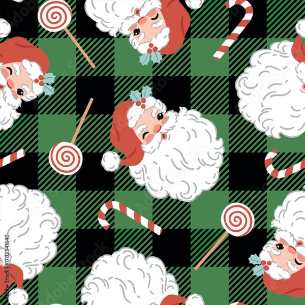 Fototapeta Seamless vector pattern with cute vintage Santa Claus on buffalo plaid background. Hand drawn retro Christmas pattern. Perfect for textile, wallpaper or nursery print design. EPS10 vector file.