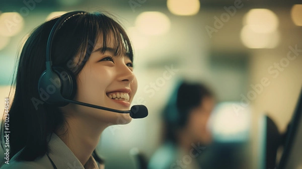 Fototapeta Young woman in headset provides customer support while smiling in a busy call center during work hours