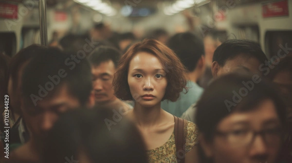 Fototapeta Asian woman stands out in crowded subway during rush hour in an urban setting