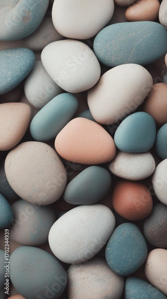 Fototapeta Colorful pebbles of different shapes and sizes creating a natural mosaic on a flat surface