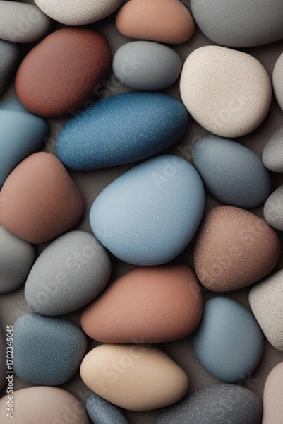 Fototapeta Collection of smooth, polished stones in various colors arranged on a surface