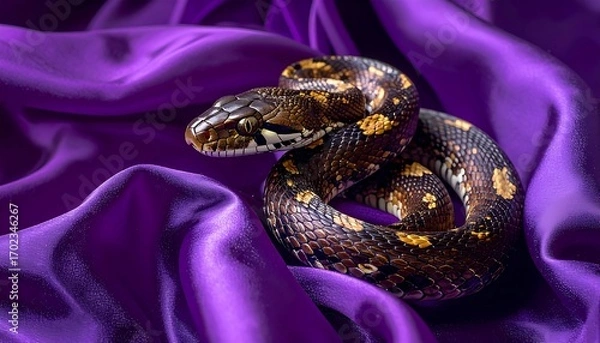 Fototapeta A detailed studio shot showcases a snake coiled on vibrant purple silk fabric, creating a luxurious, textured aesthetic