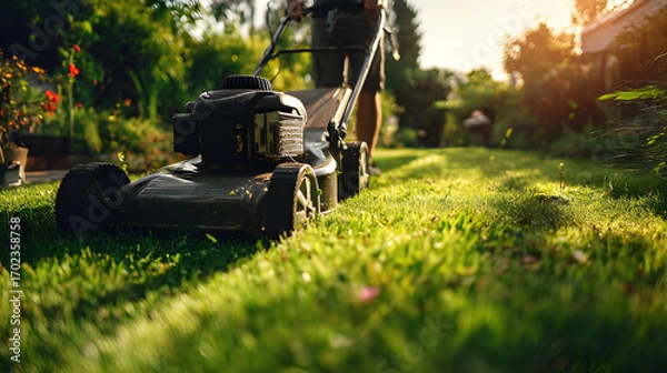 Obraz Mowing home lawn mower blade landscaping. Grass cutting machine mowing grass. Person cutting grasses pushing mower. Spring grass clean up fall lawn mowing on a sunlit background 