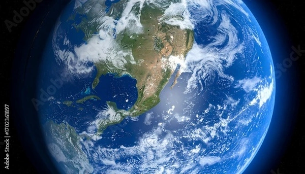 Fototapeta A detailed, vibrant CGI depiction of planet Earth as seen from space, showcasing continents, oceans, and cloud formations