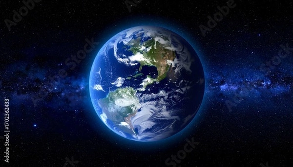 Fototapeta A detailed, vibrant depiction of Earth in space, with visible continents, oceans, and atmosphere, illuminated by a blue glow