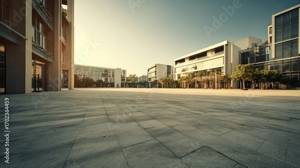 Fototapeta A wide, empty urban plaza with modern buildings around, clean pavement, clear sky, minimalistic style, natural lighting, no people, realistic shadows, perfect for background use, high quality