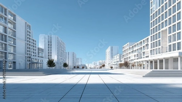 Fototapeta A wide, empty urban plaza with modern buildings around, clean pavement, clear sky, minimalistic style, natural lighting, no people, realistic shadows, perfect for background use, high quality