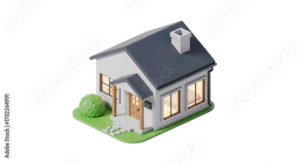 Fototapeta A small, white house with a gray roof and black windows, situated on a green lawn with a green bush in front.