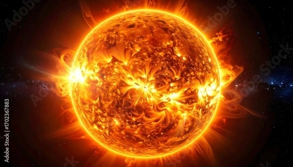 Fototapeta A detailed, vibrant depiction of the sun, a radiant, fiery orb with dynamic flares. Glowing corona surrounds it