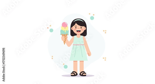 Fototapeta Delighted Girl Holding a Colorful Ice Cream Cone on a Bright, Neutral Background.