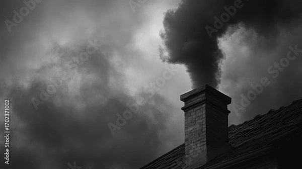 Obraz Dark smoke billows from a chimney against a dramatic sky