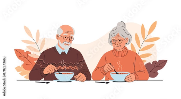 Fototapeta Elderly Couple Dining Together Enjoying A Bowl Of Soup In A Warm And Cozy Setting