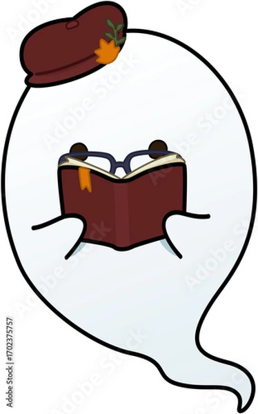 Fototapeta Bookish Reading Ghost with Beret Cute Halloween Cartoon Illustration
