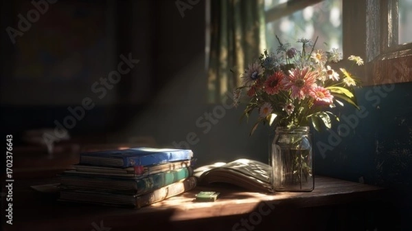 Fototapeta Sunlit Still Life: Flowers, Books, and Rustic Charm -  Stunning Visual Art