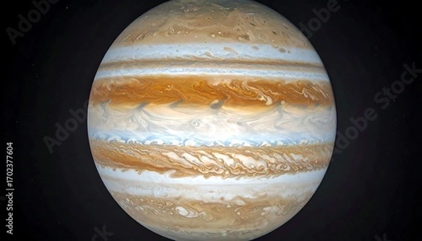 Fototapeta A detailed view of a gaseous planet, showcasing colorful bands and complex atmospheric patterns against a dark background