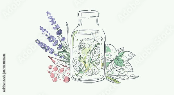 Obraz Hand drawn botanical illustration of infused water with lavender mint and chamomile sketch style