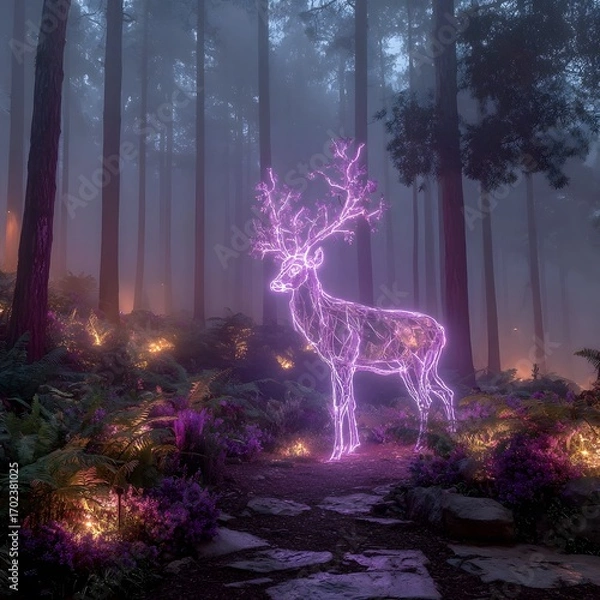 Fototapeta Mystical neon stag shining in enchanted woods high resolution picture