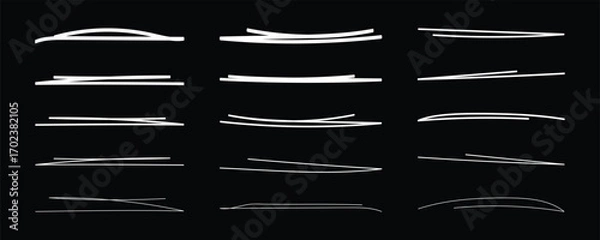 Obraz Chalk or crayon white underline set on black chalkboard background - hand drawn pencil or marker horizontal long highlighter strokes with rough textured edges. Design elements for emphasizing text.