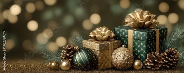 Fototapeta Gold Christmas background with gifts and bokeh lights, festive decoration for Christmas, Minimal scene for mockup products, promotion display, 3D rendering product display platform.
