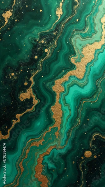 Obraz An elegant abstract artwork with a mesmerizing emerald green and shimmering gold color scheme creating the illusion of flowing marble, a harmonious blend of textures.