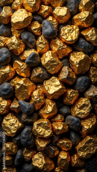 Obraz A treasure trove of gold nuggets glistening alongside dark rocks, showcasing the raw beauty of mineral wealth. Capture the allure of the treasure and the mystery of the dark rocks.