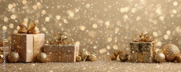 Fototapeta Gold Christmas background with gifts and bokeh lights, festive decoration for Christmas, Minimal scene for mockup products, promotion display, 3D rendering product display platform.
