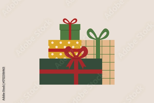 Fototapeta Stack of wrapped Christmas presents with ribbons and bows in various colors and patterns on beige background, festive holiday gift boxes. Flat vector illustration