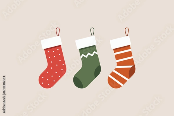 Fototapeta Set of three Christmas stockings in red, green and orange with different patterns on beige background, festive holiday decoration. Flat vector illustration
