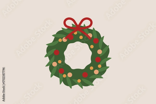 Fototapeta Christmas wreath made of green leaves decorated with red bow and colorful berries on beige background, festive holiday ornament. Flat vector illustration