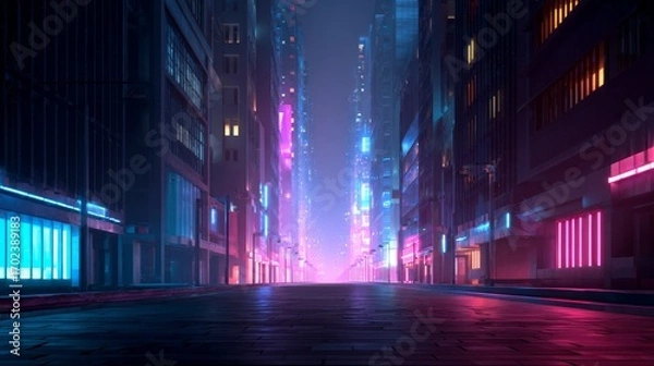 Fototapeta Futuristic Empty City Street at Night - Neon Minimalist Urban Background for Design and Web