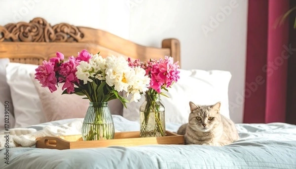Obraz Bedroom with peonies and cat