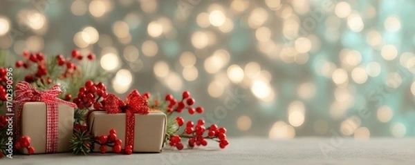 Fototapeta Christmas background with gifts and bokeh lights, festive decoration for Christmas, Minimal scene for mockup products, promotion display, 3D rendering product display platform.