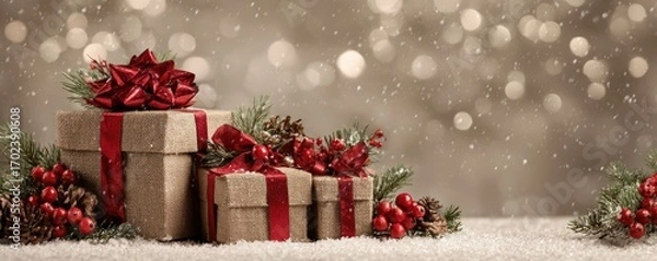 Fototapeta Christmas background with gifts and bokeh lights, festive decoration for Christmas, Minimal scene for mockup products, promotion display, 3D rendering product display platform.