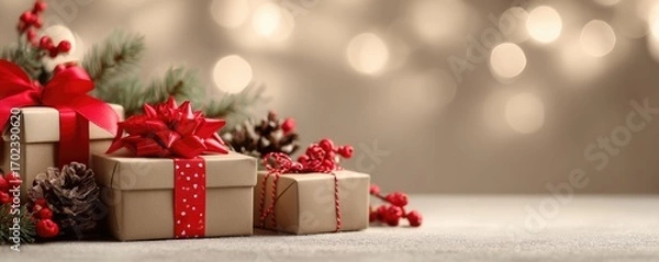 Fototapeta Christmas background with gifts and bokeh lights, festive decoration for Christmas, Minimal scene for mockup products, promotion display, 3D rendering product display platform.